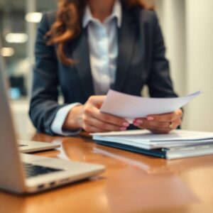 AI generated picture of a woman in an office environment looking at utdelning fåmansbolag privatekonomi