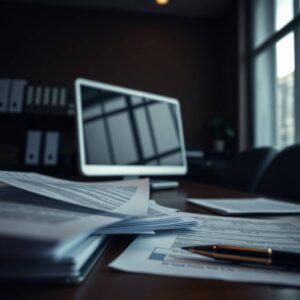 Skattetillägg och befrielse - vad kan göras när du fått skattetillägg från skatteverket? Nedsläckt skärm vid ett stökigt skrivbord.